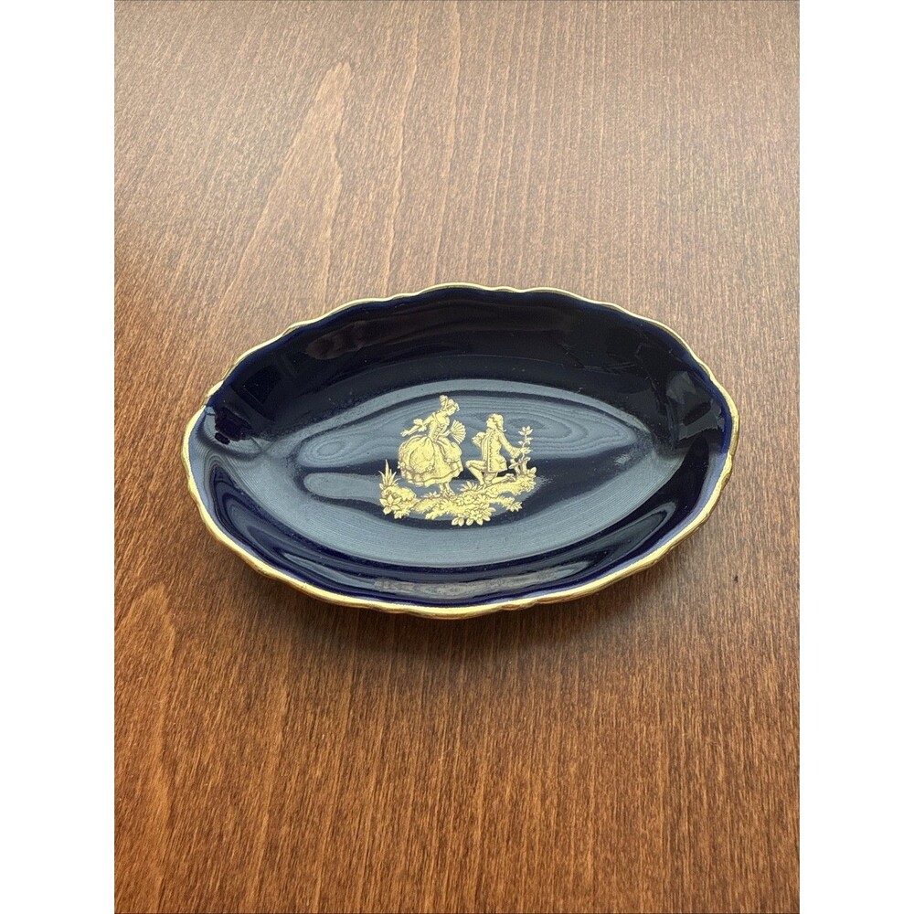 Vintage Limoges France Porcelain Dish Cobalt Blue Gold Trinket Tray